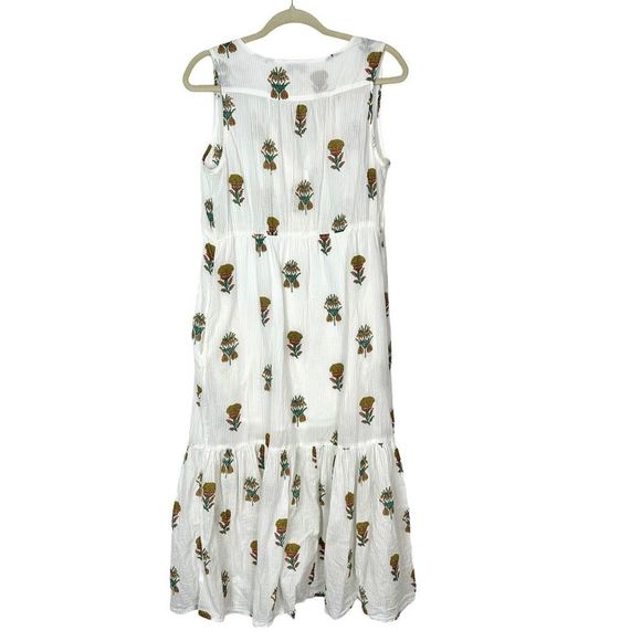 Lucky Brand Women White Cotton Pineapple Print Midi Dress Ruffle Sleeveless Maxi - Picture 3 of 14